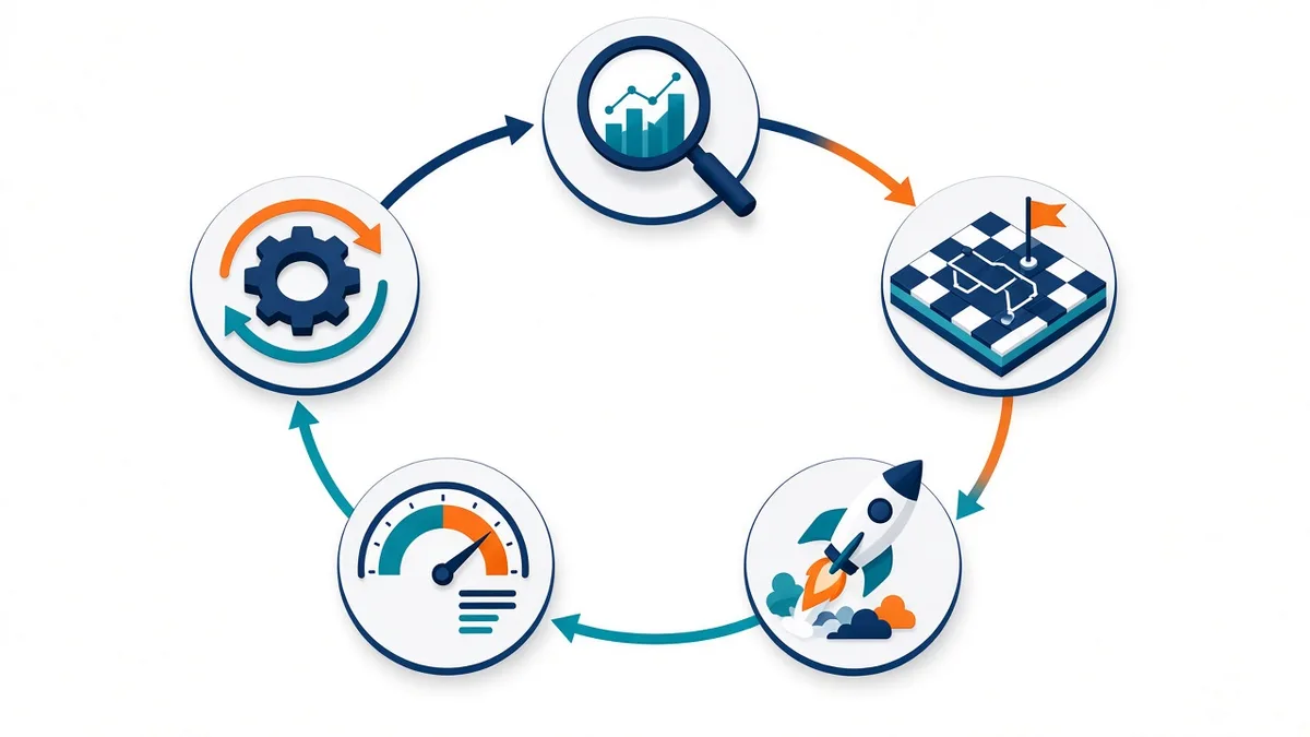 Full service marketing agency process: research, strategy, execution, measurement and optimization cycle
