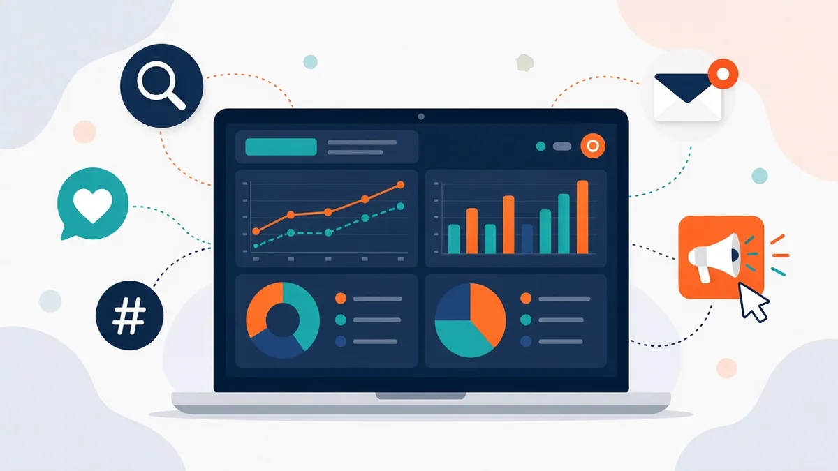 Full service digital marketing agency dashboard tracking SEO, social media, email and paid advertising performance